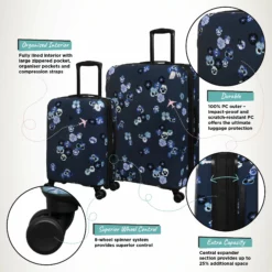 IT Luggage Sheen - 2pc Set (Pansies Floral Blue Depths) -IT Luggage Sales Shop Sheen Pansies Large Cabin Infographic